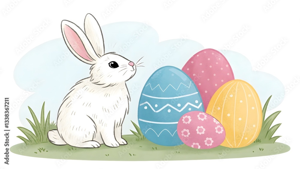 Obraz premium Adorable White Easter Bunny with Colorful Decorated Eggs in Grass