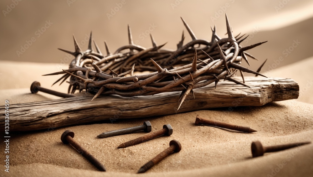 Fototapeta premium Jesus Crown Thorns and nails alongside a cross on sand. Vintage retro design.