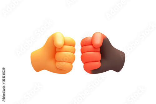 Two cartoon hands different skin tones are shown fist bump gesture, symbolizing unity and friendship. hands are stylized with bright colors and 3D effect, conveying playful and positive message