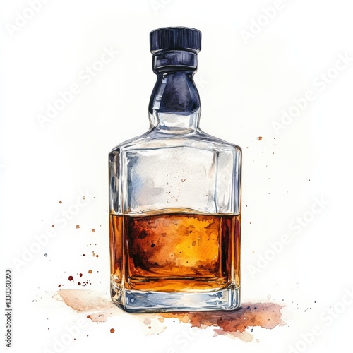 Elegant Whiskey Bottle with Rich Amber Liquid in Artistic Watercolor Style