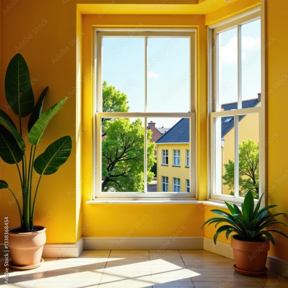 Fototapeta premium Sun-drenched yellow Victorian terrace, bay window, building, summer, bay window