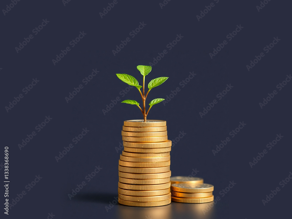 Financial Growth Concept with Stacked Coins and Growing Plant Financial Growth Concept with Stacked Coins and Growing Plant