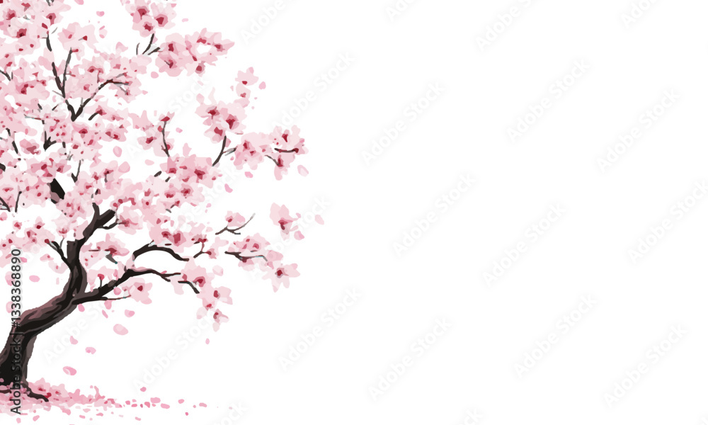 Fototapeta premium Cherry blossom tree, pink flowers on a white background