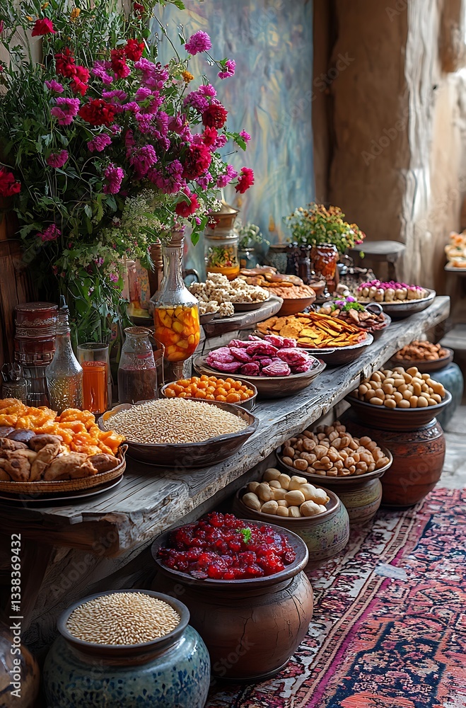 Rustic Wooden Table with Vibrant Fruits Sweets and Colorful Jars Rustic Wooden Table with Vibrant Fruits Sweets and Colorful Jars