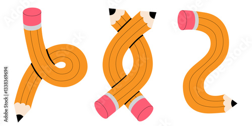 Pencils set vector illustration. Twisted flexible yellow simple pencil in different shapes like heart, knot, check mark, bend one, doodles. Back to school, teachers day concept.