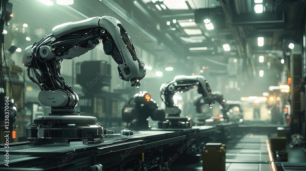 Fototapeta premium A futuristic factory with hybrid human-bionic robotic workers.