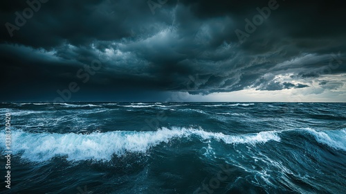 A storm approaching over the sea with dark clouds and choppy waves, creating a moody and dramatic weather scene as the ocean prepares for the coming storm.
