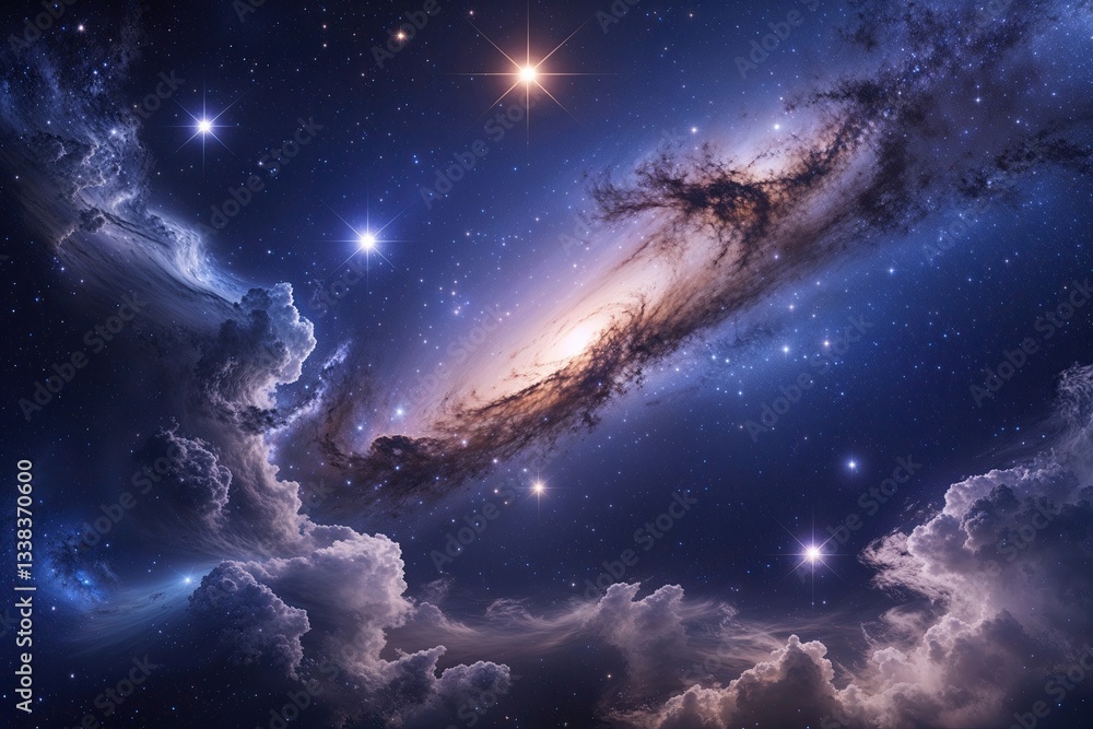 Fototapeta premium Breathtaking Indigo Galaxy Landscape Featuring Shimmering Stars and Ethereal Nebula Clouds