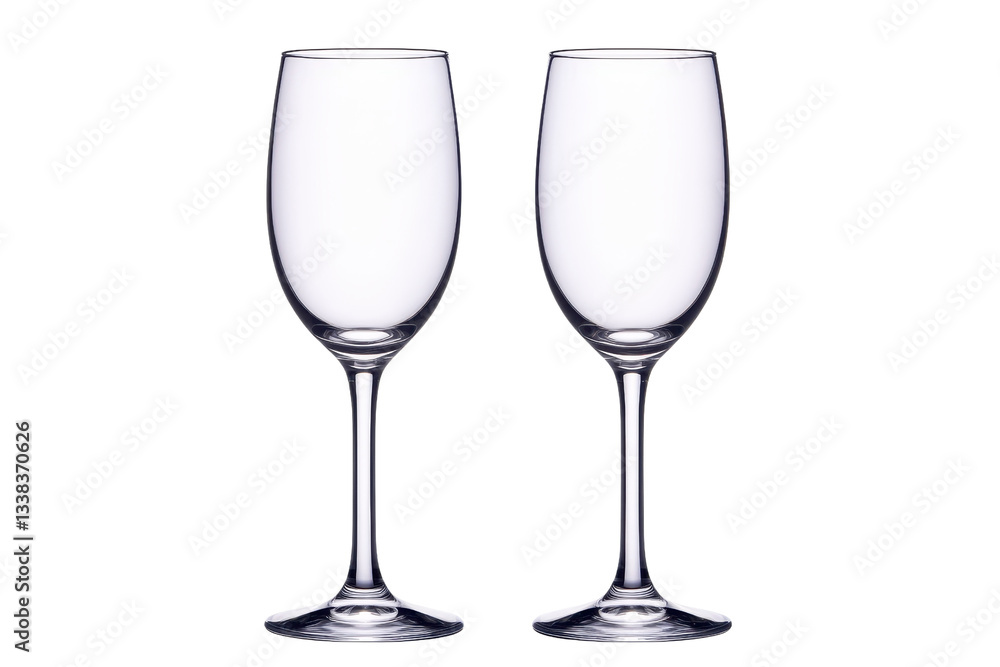 Two elegant, clear champagne flutes stand side by side, showcasing their sleek design and delicate stems, perfect for celebratory occasions Two elegant, clear champagne flutes stand side by side, showcasing their sleek design and delicate stems, perfect for celebratory occasions