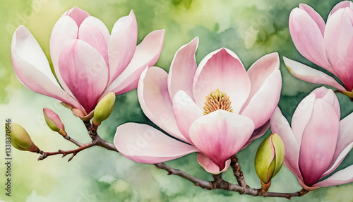 Elegant magnolia blossoms on a branch, showcasing their beauty in a soft watercolor style against a green background
