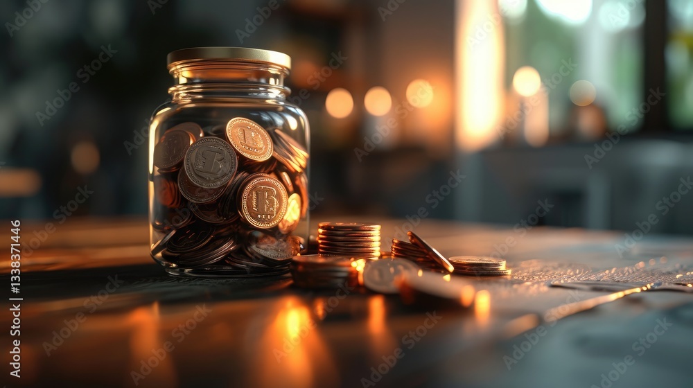 Glass Jar Filled With Golden Coins Savings sits On a Wooden Surface. Financial savings