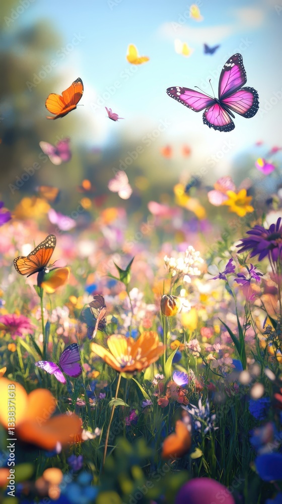 Vibrant Landscape with Colorful Butterflies and Wildflowers in Bloom Vibrant Landscape with Colorful Butterflies and Wildflowers in Bloom
