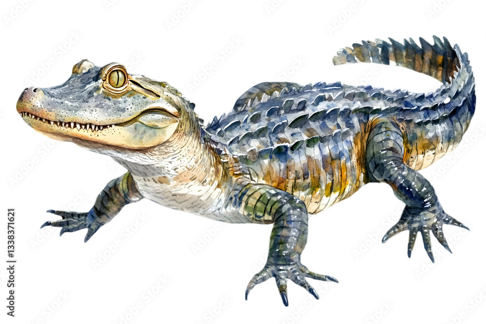 Naklejka premium Watercolor Illustration of an Alligator on Transparent Background Reptilian Animal Design with Gray Brown and Green Shades
