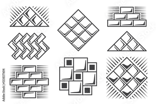 Tile wall icon set with cement adhesive isolated on white background. Laying tiles floor to bathroom, kitchen and others. Vector illustration
