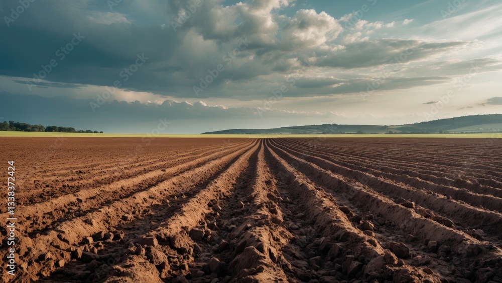 Rows of soil awaiting planting. Furrowed row arrangement in a tilled field ready for crop planting. Perspective of land set up for planting and crop cultivation. Rows of soil awaiting planting. Furrowed row arrangement in a tilled field ready for crop planting. Perspective of land set up for planting and crop cultivation.