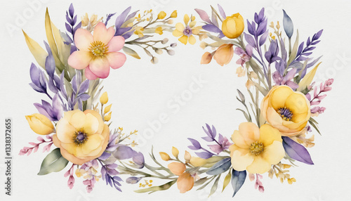 Charming floral frame made of vibrant blooms and greenery, illustrated in delicate watercolor style on a light background