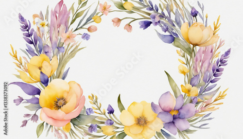 Beautiful floral wreath composed of pastel flowers and greenery, designed in soft watercolor style on a light background