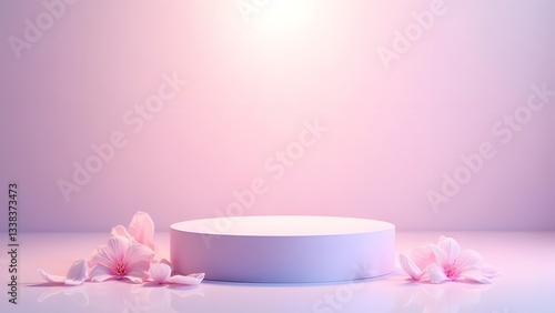 Ethereal Pastel Petals A Delicate Podium Scene with Water Droplets
