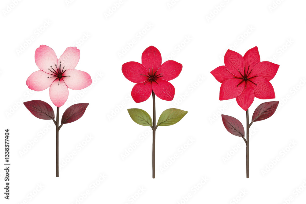Obraz premium Three stylized flowers with pink and red petals and green leaves on stems, isolated on transparency background. flowers are arranged in row, showcasing different shades and petal designs