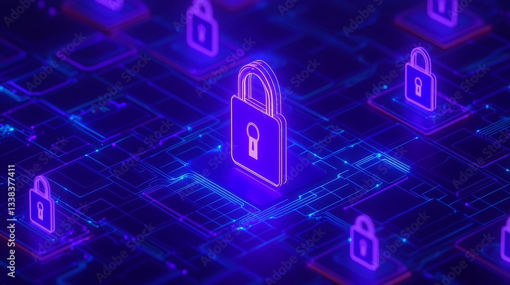 Neon Digital Locks with Circuit Board Background for Cyber Security and Data Protection Concepts