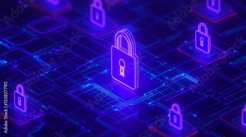 Obraz na płótnie Neon Digital Locks with Circuit Board Background for Cyber Security and Data Protection Concepts w salonie