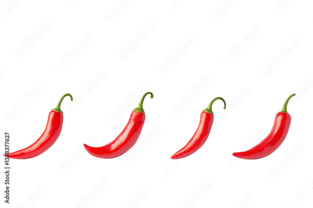 Four vibrant red chili peppers with green stems are arranged in row on transparency background, showcasing their glossy texture and curved shape Four vibrant red chili peppers with green stems are arranged in row on transparency background, showcasing their glossy texture and curved shape