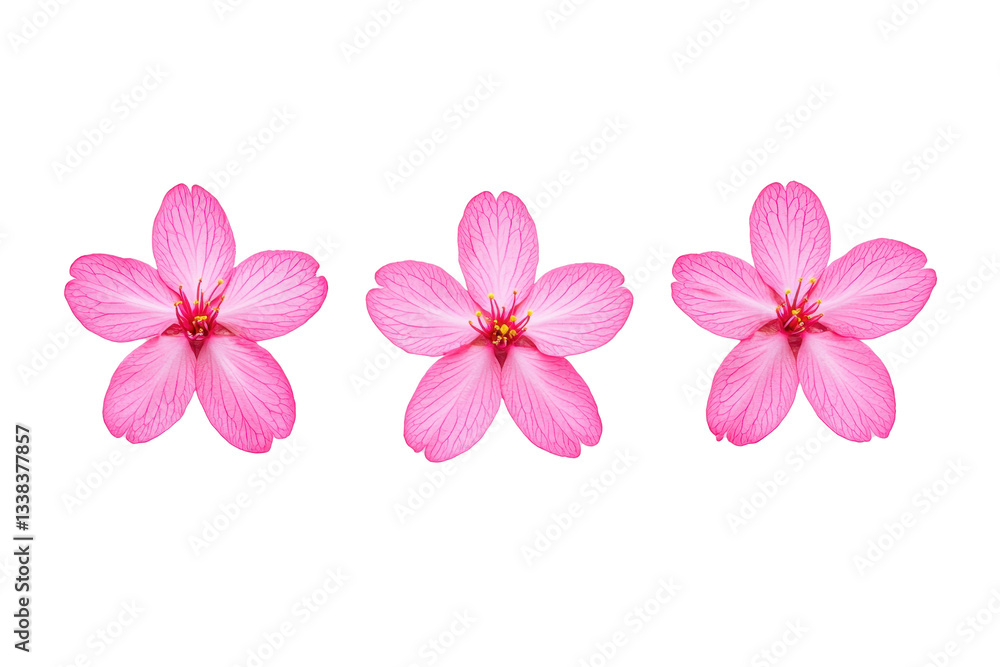 Three vibrant pink flowers with delicate petals are arranged in row against transparency background, showcasing their intricate details and natural beauty Three vibrant pink flowers with delicate petals are arranged in row against transparency background, showcasing their intricate details and natural beauty