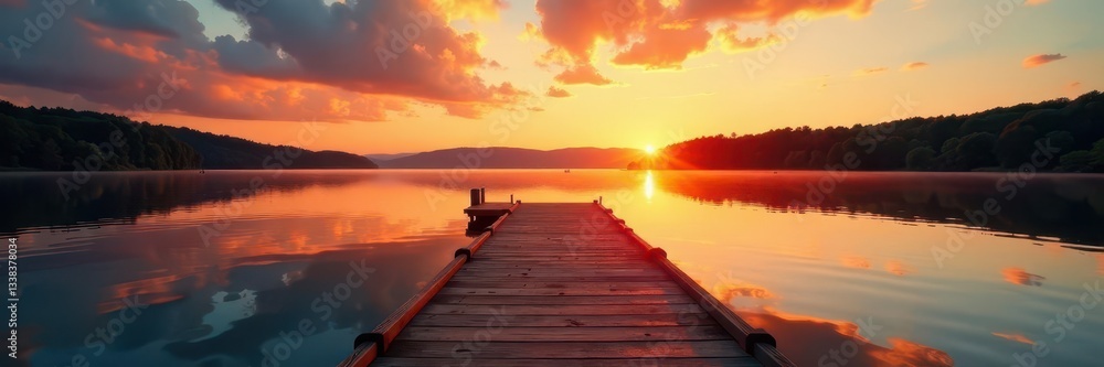 Fototapeta premium Sunset casts golden light on a wooden dock stretching across Torch Lake's still surface , relaxing, evening, golden light