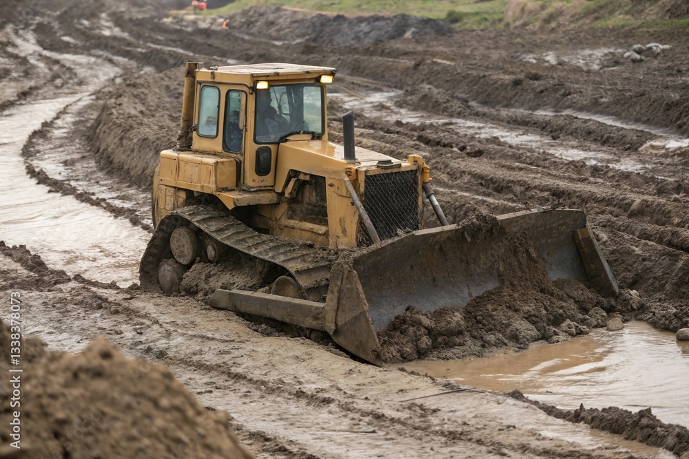 Bulldozer sink in mud water. Construction hazard due to difficult terrain Bulldozer sink in mud water. Construction hazard due to difficult terrain