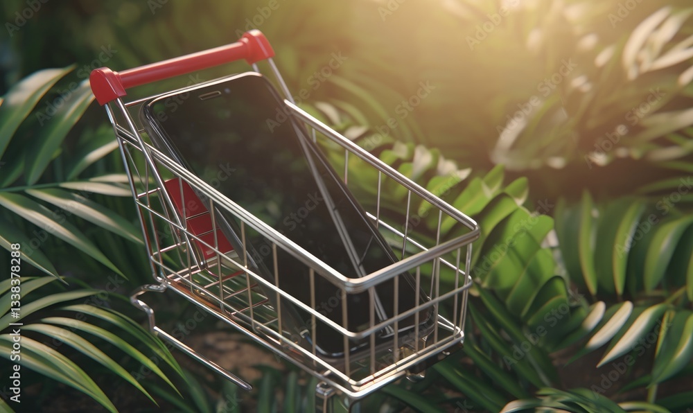 Smartphone Inside A Miniature Shopping Cart Amidst Green Tropical Foliage