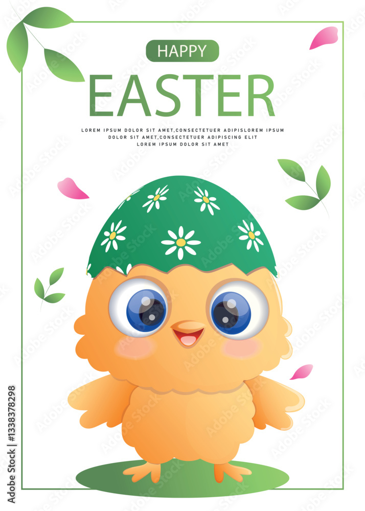 Obraz premium Happy Easter card with with a chicken and an Easter egg. Vector illustration for greeting card, banner, promo, sale, advertising.