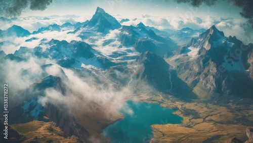 Aerial perspective of a mountain range featuring a lake in the Alps.