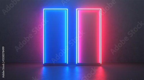 Neon Light Doorways with Blue and Red Glowing Frames in an Abstract Modern Setting