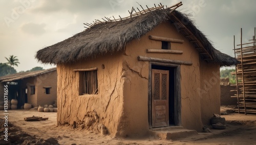 An ancient mud dwelling with a thatched roof stands strong, its earthen walls showing cracks and age, reflecting rustic village life and traditional craftsmanship.