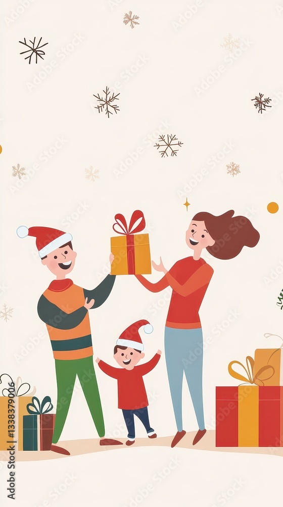 Naklejka premium Family Celebrating Christmas with Gifts and Joyful Expressions