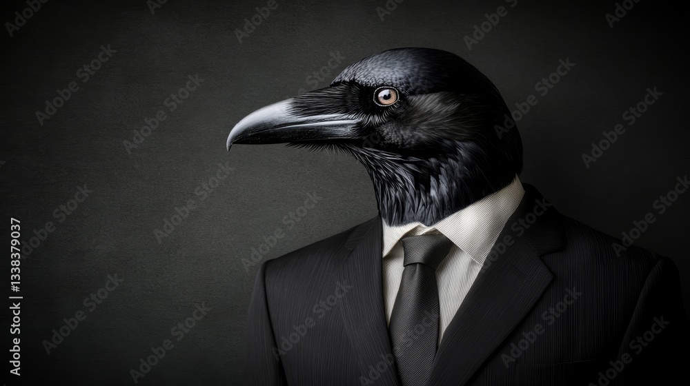 Fototapeta premium Anthropomorphic Raven in Suit, Profile on Dark Background Animal Human Blend, Conceptual Art
