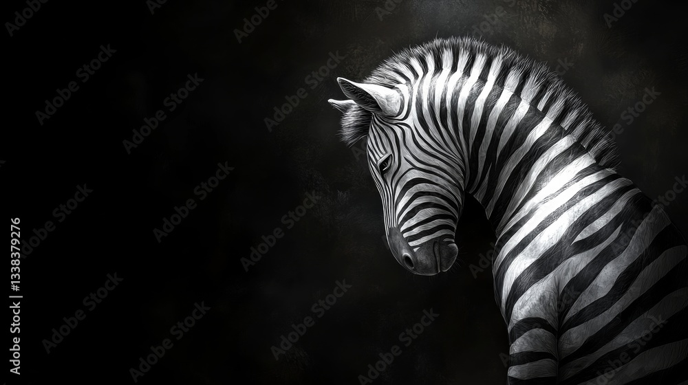 Naklejka premium Striking Zebra Portrait Black and White Beauty in the Shadows, Animal Grace and Elegance