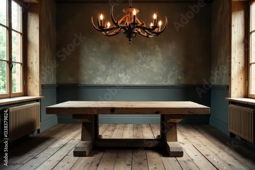 Rough-hewn table, antler chandelier, worn wooden floors, lighting, chandelier