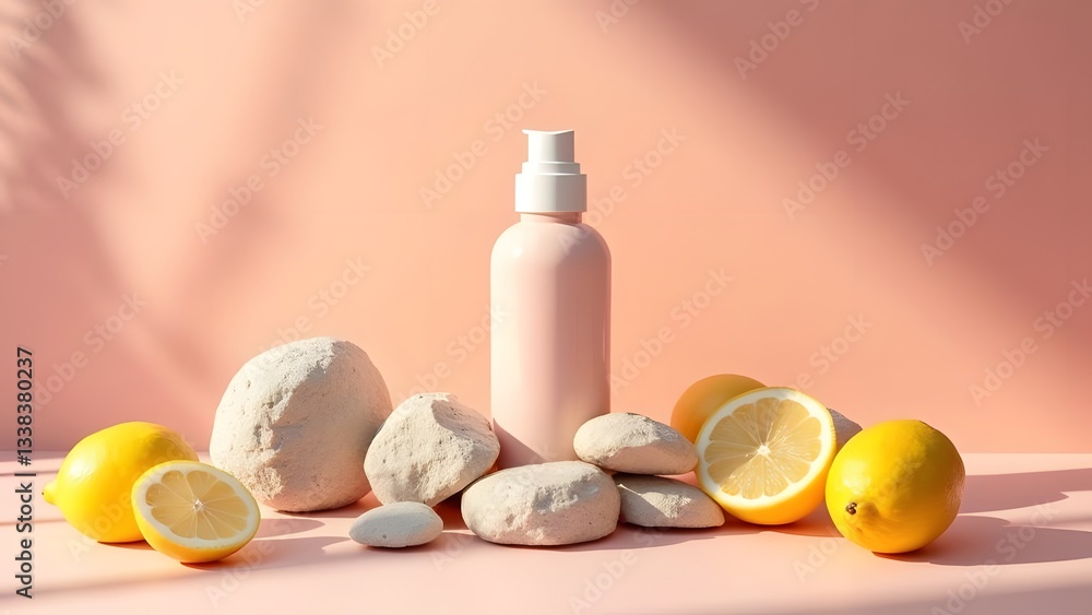 Harmonious Fusion Stylish Product Display with Raw Stone and Lemon Fruits in Dreamy Cinematic Composition Harmonious Fusion Stylish Product Display with Raw Stone and Lemon Fruits in Dreamy Cinematic Composition