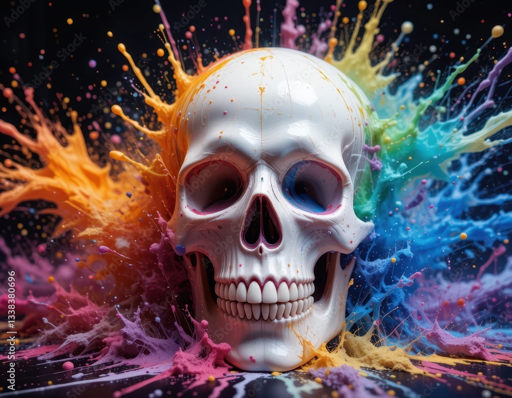 Vibrant Rainbow Paint Splashing on a Human Skull Artistic 3D Render Vibrant Rainbow Paint Splashing on a Human Skull Artistic 3D Render