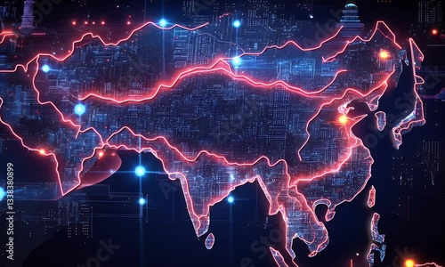 Digital map of Asia, overlaid with circuit board design.  Intricate network of glowing lines and points highlight regional connections