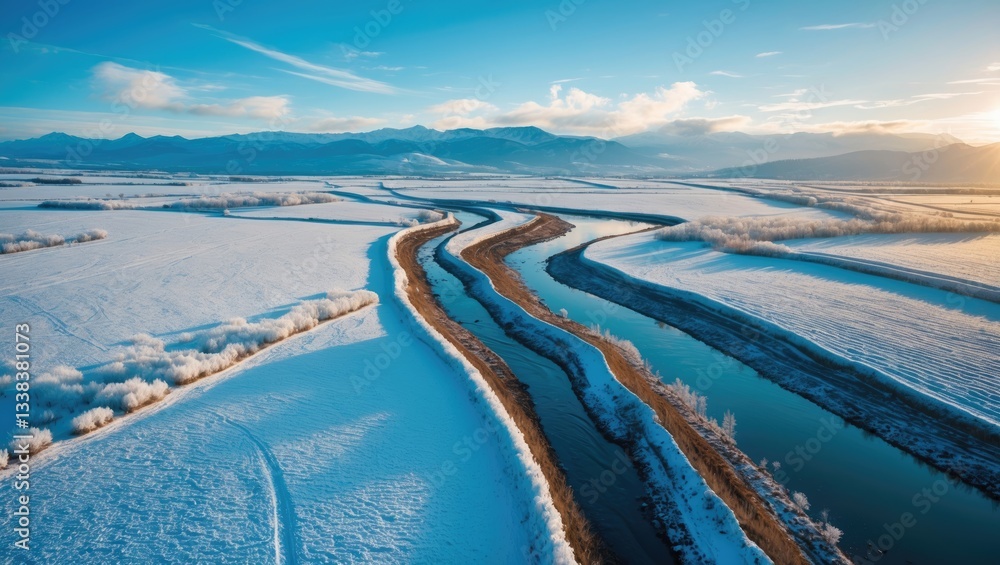 Aerial perspective of a winter landscape featuring snow-covered fields and remote mountains beneath a clear blue sky. Aerial perspective of a winter landscape featuring snow-covered fields and remote mountains beneath a clear blue sky.