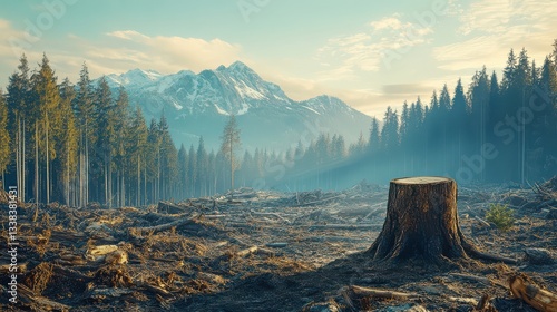 A fallen tree stump amidst a destroyed forest, where nature once flourished, now silent and stripped of life due to deforestation.