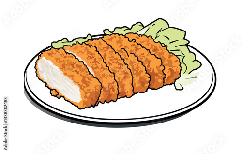 Sliced tonkatsu on a white plate with lettuce garnish, detailed illustration