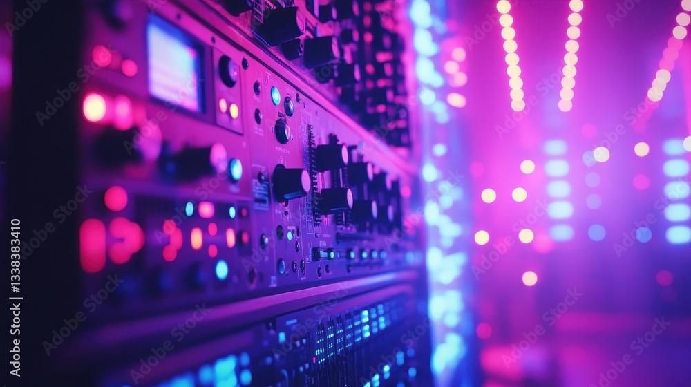 Audio mixing console with knobs, buttons, lights in a purple neon color. Perfect for music production, broadcasting and sound engineering projects. Audio mixing console with knobs, buttons, lights in a purple neon color. Perfect for music production, broadcasting and sound engineering projects.