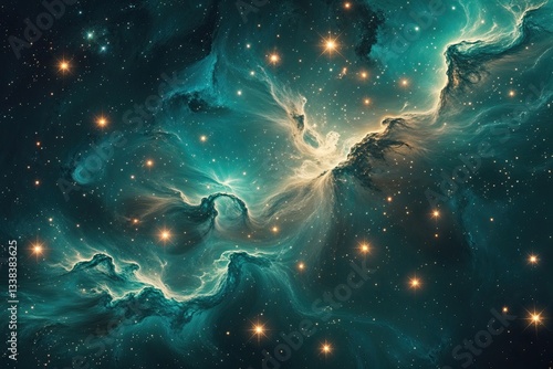 Enchanting Deep Teal Nebula with Radiant Stardust and Shimmering Star Clusters in a Cosmic Landscape