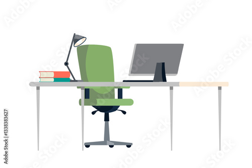 Office desk with chair, big screen of computer, lamp and books. Home office interior design. Modern business workplace. Flat vector illustration.