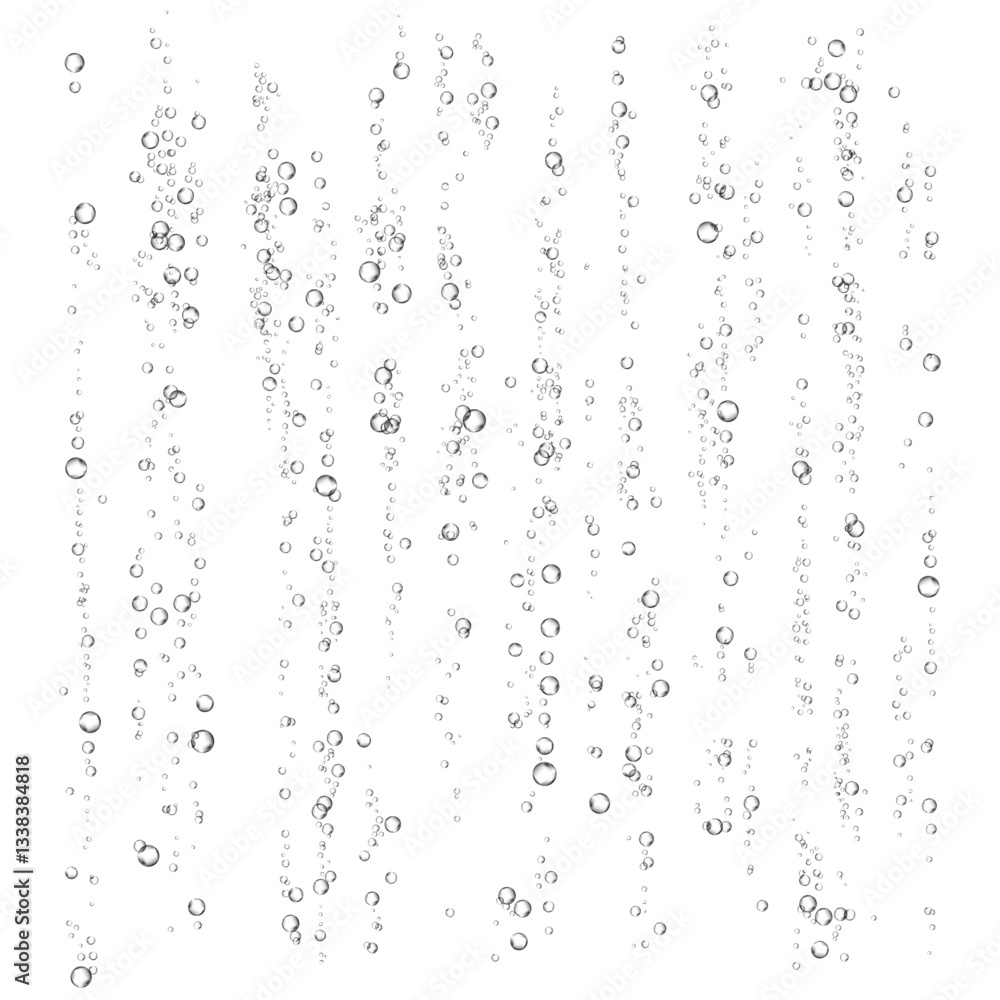 Oxygen air bubbles flow in water on white background. Oxygen air bubbles flow in water on white background.