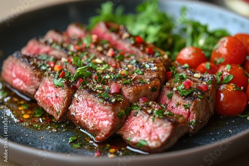 Deliciously grilled steak served with fresh cherry tomatoes and herbs on a decorative plate