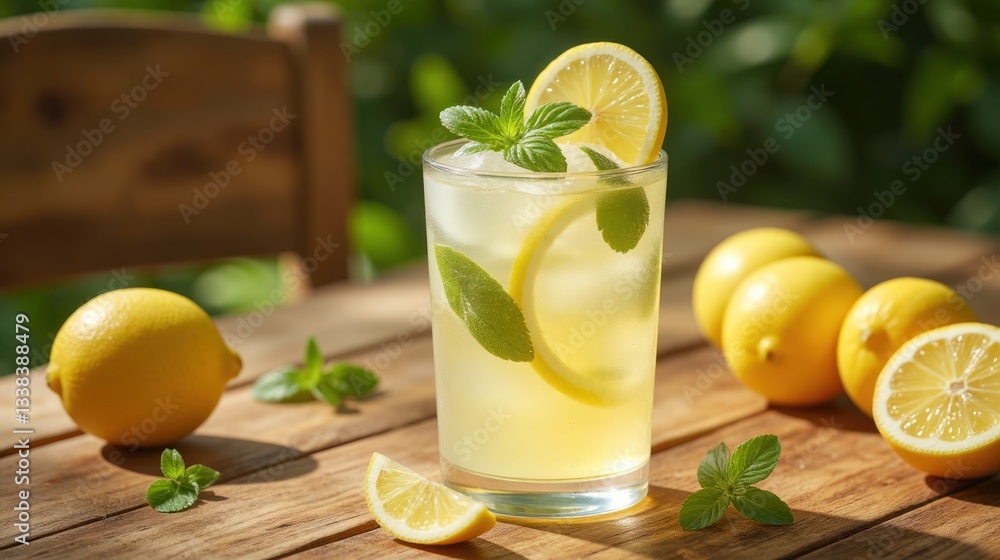 Fototapeta premium Refreshing Glass of Homemade Lemonade with Ice Cubes and Mint